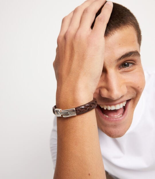 Bracelet en cuir tress&eacute; couleur cognac plaqu&eacute; argent, Argent, large